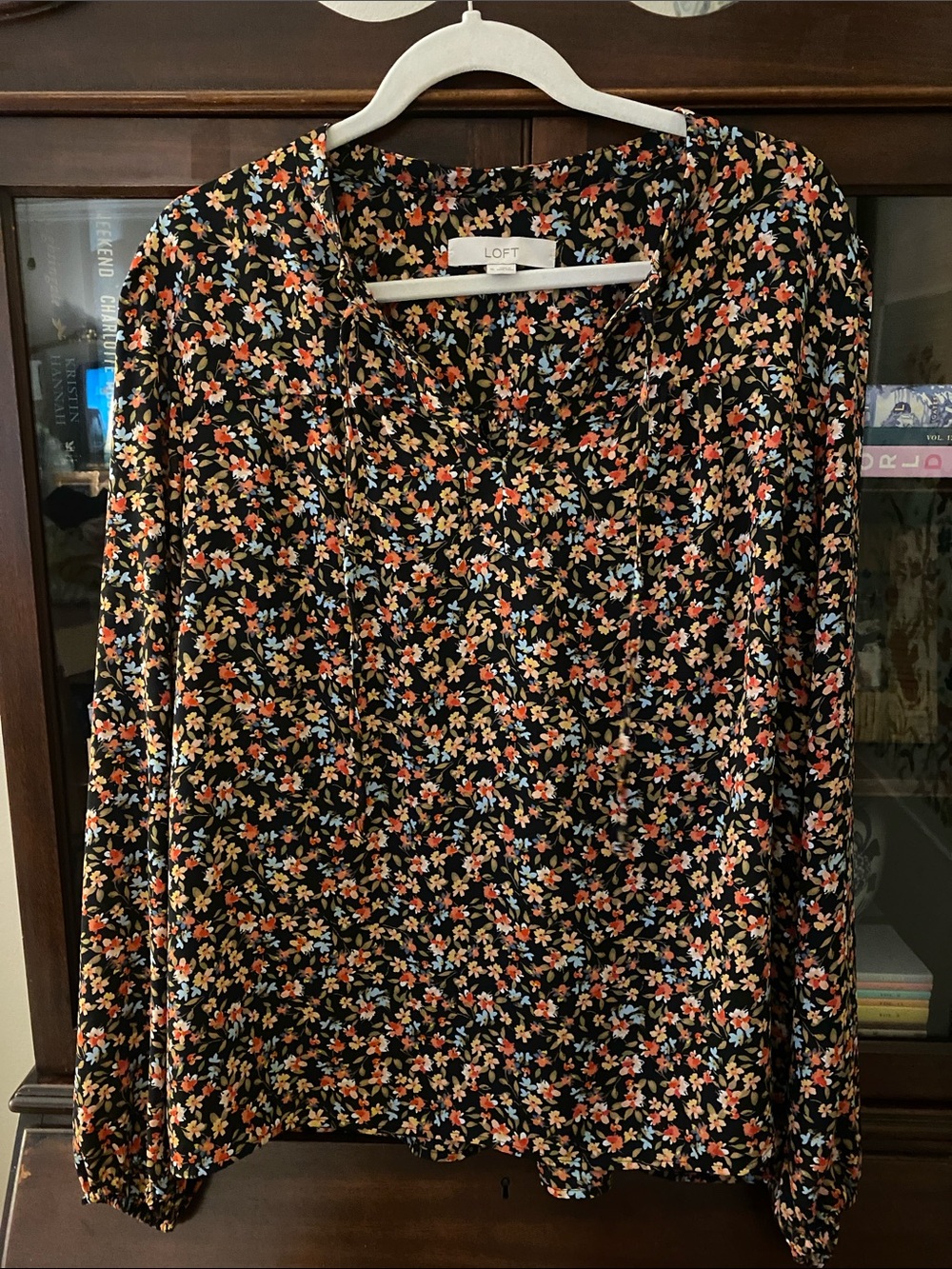 LOFT Black Long-Sleeve Floral Blouse